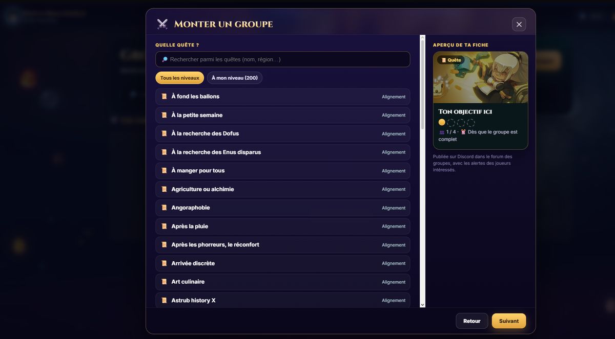 Choisir une quête pour monter un groupe